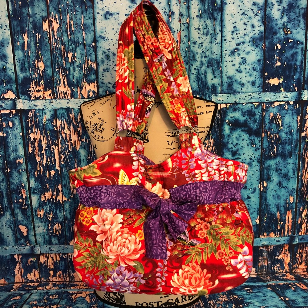 Double handle large quilted Asian butterfly purse